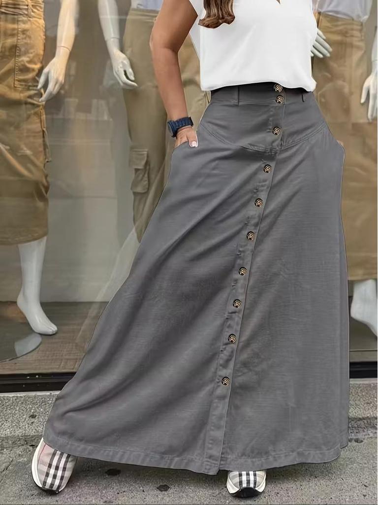 Women's Elegant High-Waisted A-line Skirt with Buttoned Front Slit and Pockets