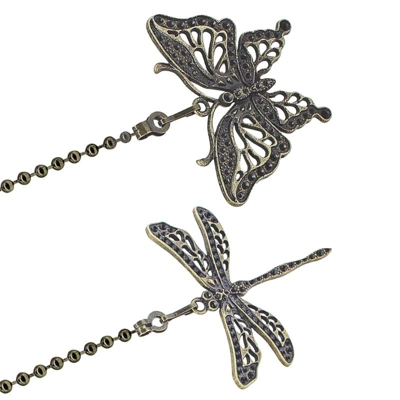 Decorative Ceiling Fan Pull Chains Set Of 2 With Dragonflies and Butterfly Ornaments Accessory for Lighting Fixtures
