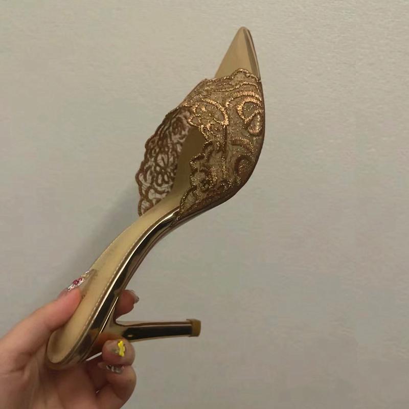 2026 Summer Champagne Gold Embroidered Pointed Toe Mules: Women's One-Strap Thin Heel Sandals