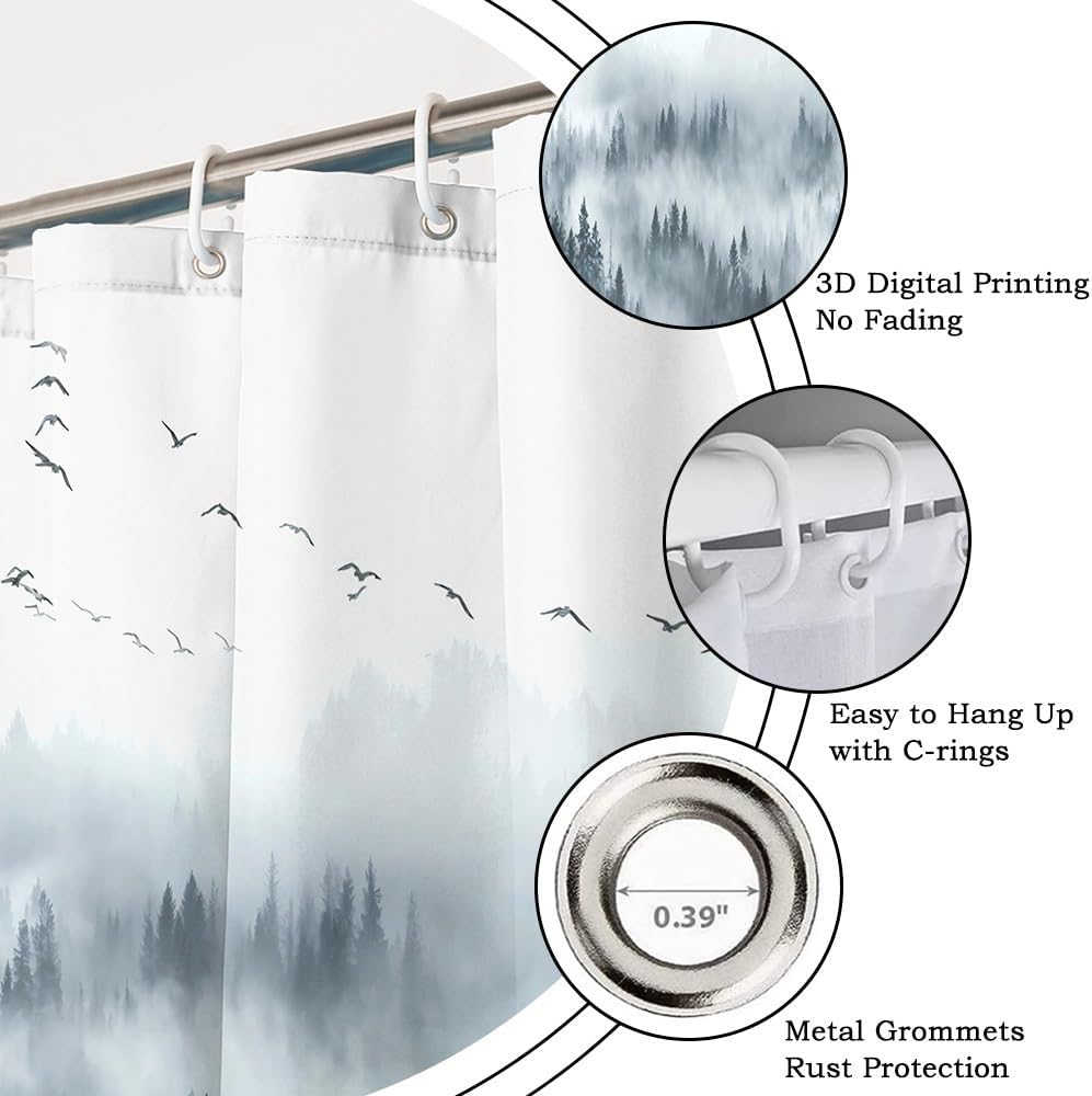 Misty Forest Shower Curtain Set Foggy Pine Trees Birds Nature Landscape Bathroom Decor Grey Rustic Woodland Shower Curtains for