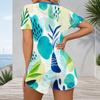 Women Plus Size Blue Green Printed V Neck Short Sleeve Button Front Fitted Short Romper