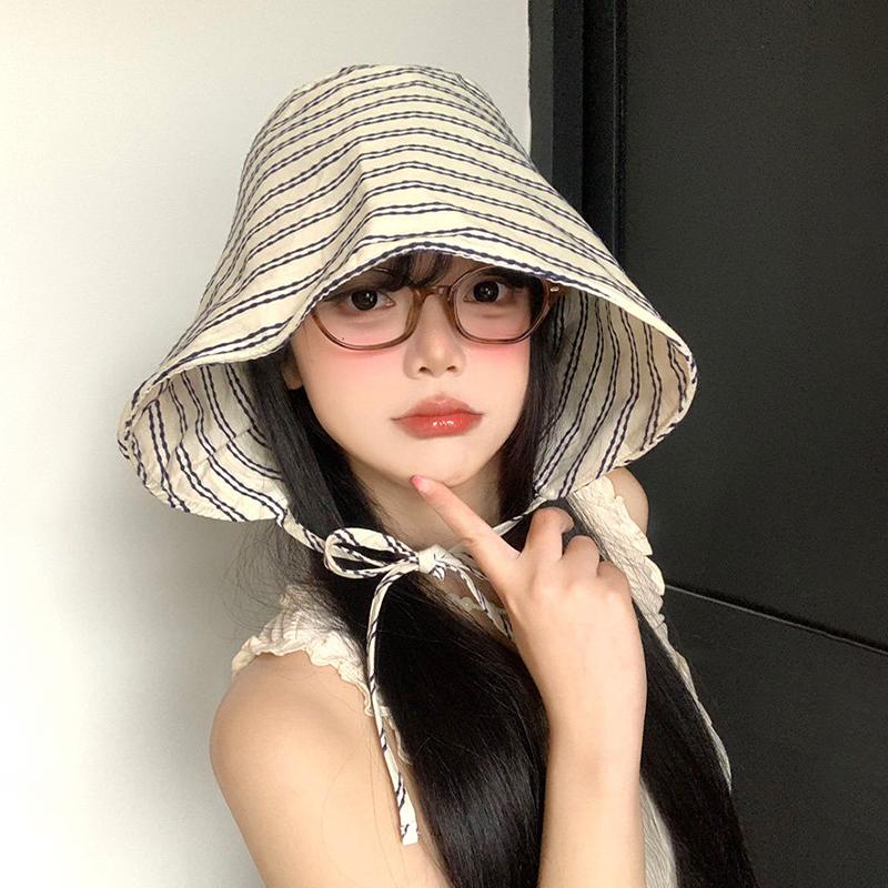 Pastoral Style Floral Bucket Hats French Striped Lace Up Wide-Brimmed Sun Hat