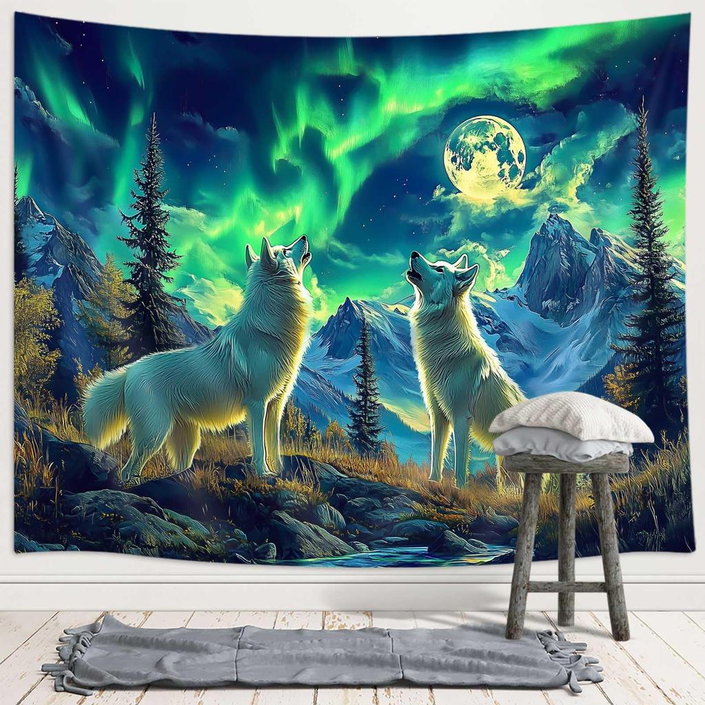 Viking Wolf Tapestry, Norse Mythology Runes Ancient Red Tapestries, Meditation Medieval Mystery Animals Ancient Art Tapestry for