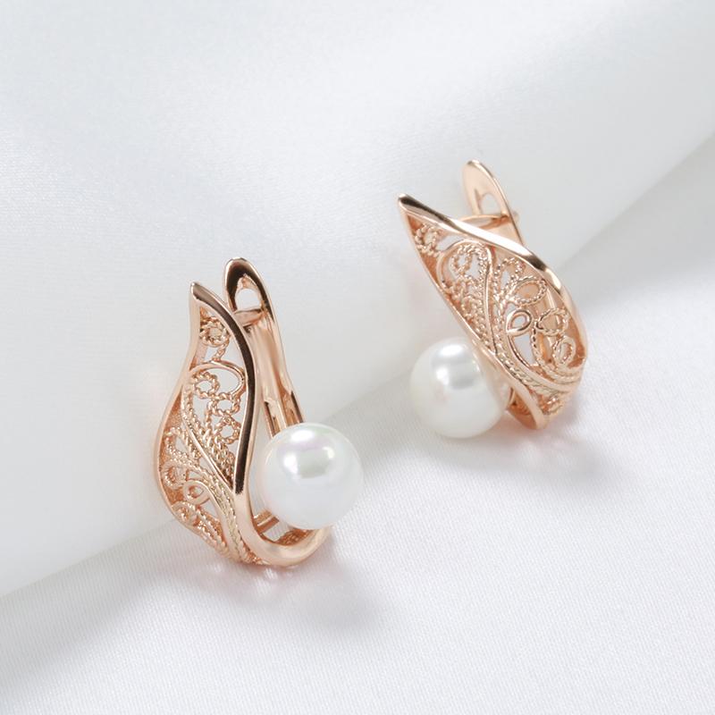 New  Rose Gold Color Dangle Earrings Women Hollow Flower White Round Shell Pearl Earrings Ethnic Bridal Fashion Jewelry
