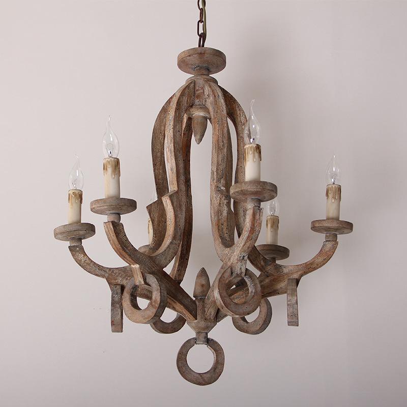 Wooden Candle Chandelier Vintage Lustre Bois Lustre Pendant Chandeliers Lighting Living Room Kitchen Bedroom Retro Light Fixture