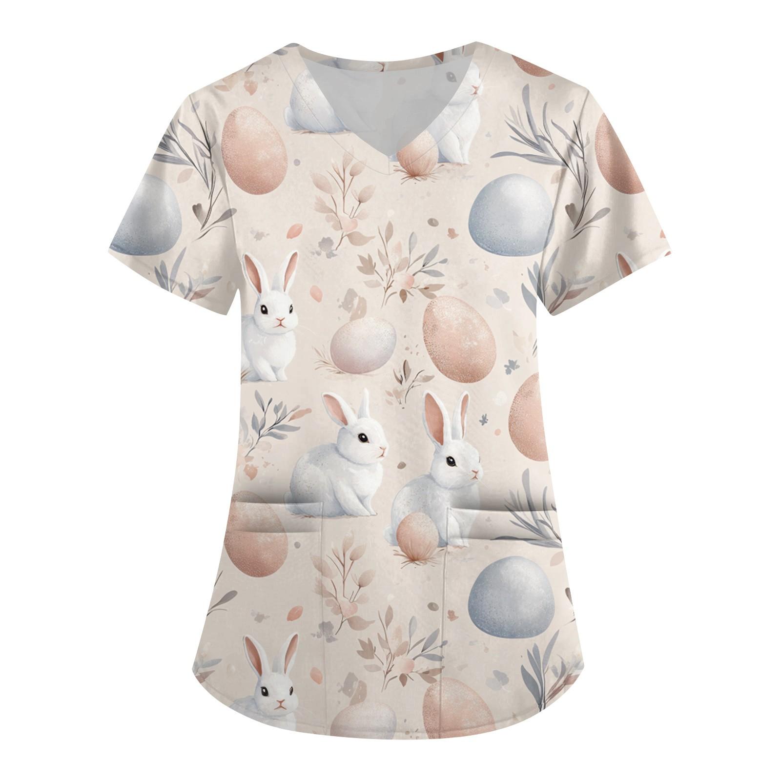 

Женская мода V-образный вырез короткий рукав комбинезон с карманами пасхальный принт топы одежда XXXL бежевый