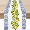 Summer Lemon Blue Tiles Linen Table Runner Party Decor Watercolor Floral Fruit Leaves Kitchen Dining Table Runners Home Decor
