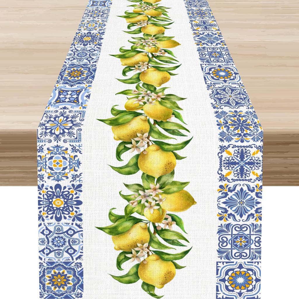 Summer Lemon Blue Tiles Linen Table Runner Party Decor Watercolor Floral Fruit Leaves Kitchen Dining Table Runners Home Decor