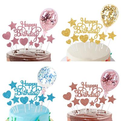 Happy Birthday Cake Toppers DIY Confetti Balloon Cake Decor Star Heart Cupcake Flag for Birthday Party Dessert Decor Baking