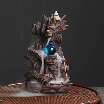 Queimador de dragão da sorte com bola de argila roxa, queimador de incenso com refluxo, suporte para incenso, decoração para casa, escritório e casa de chá