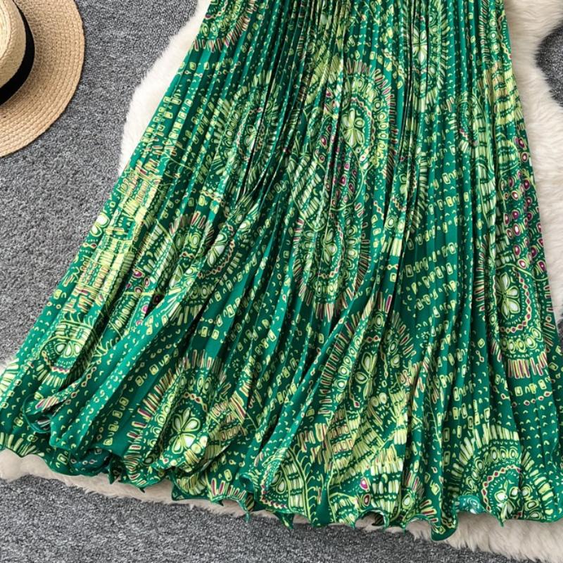 Spring Summer Women Elegant Print Elastic Waist Long Maxi Holiday Beach Pleated Skirt Only Have One Size
