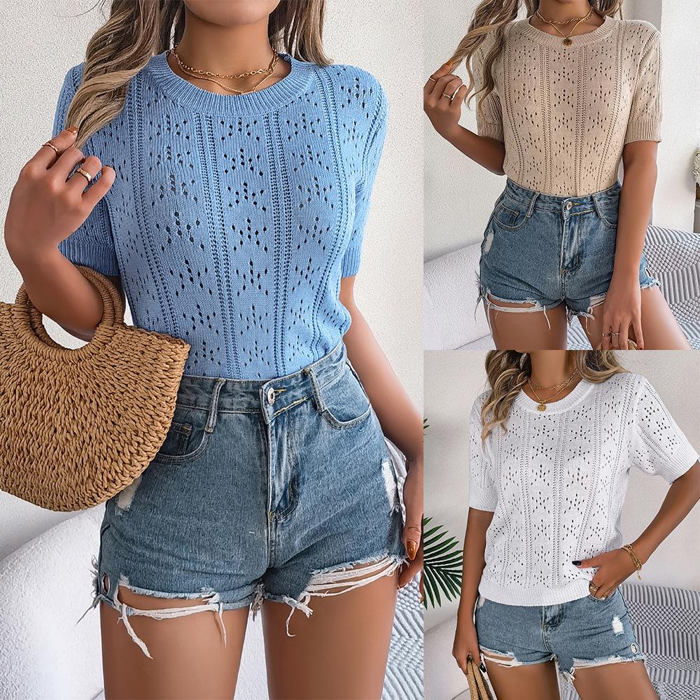 Spring Summer Women's Casual Solid Colour Hollow Out Short Sleeve Knitwear