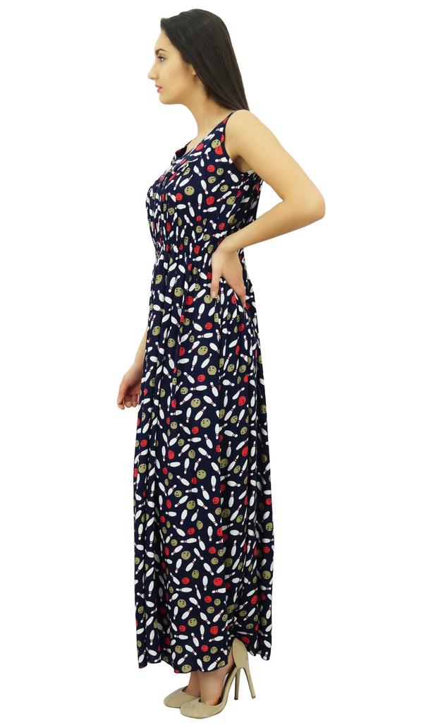 Bimba Women's Casual Bowling Print Round Neck Elastic Waist Maxi Summer