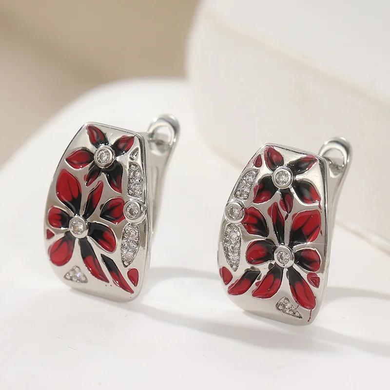 Einfache Rote Epoxidblume Geschnitzte Creolen Handgefertigte Emaille Damen Silberbeschichtete Ohrringe Hochzeitsohrringe Party Schmuck Geschenk