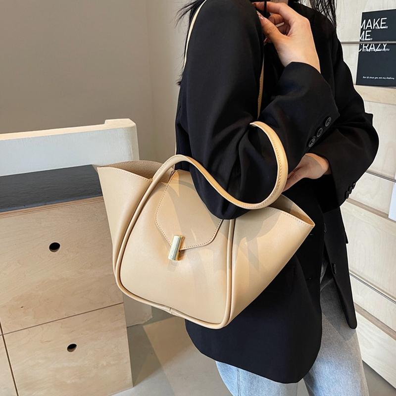 YogodlnsNew Ladies Tote Bag Basket Style Single Shoulder Commuter Bag Pure Color Versatile Handbag Soft PU Material Large Size