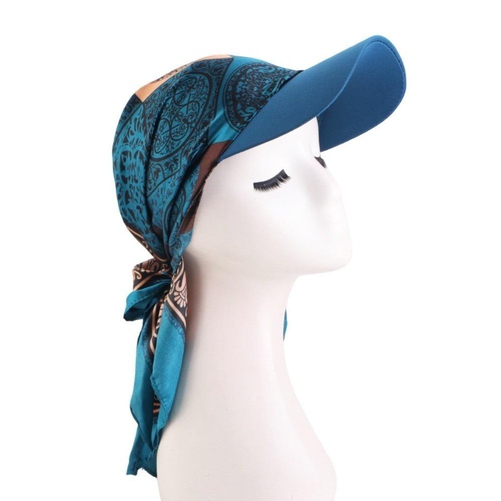 Soft Printed Satin Headscarf Hat UV Protection Chiffon Printed Visor Hat Hijab Bonnet  Summer Peacock Blue