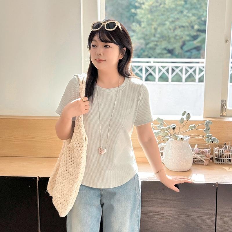 Fat Mm Basic Waffle Simple Short-sleeved T-shirt Women's Spring New Curved Pendulum Thin Top 132069