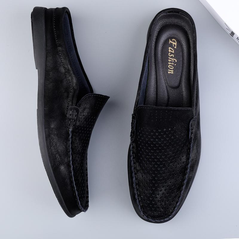 Fashion Summer Breathable Shoes Men Fashion Genuine Leather Half Shoes Slip on Moccasins Casual Italian Style Luxury Brand Half Loafers