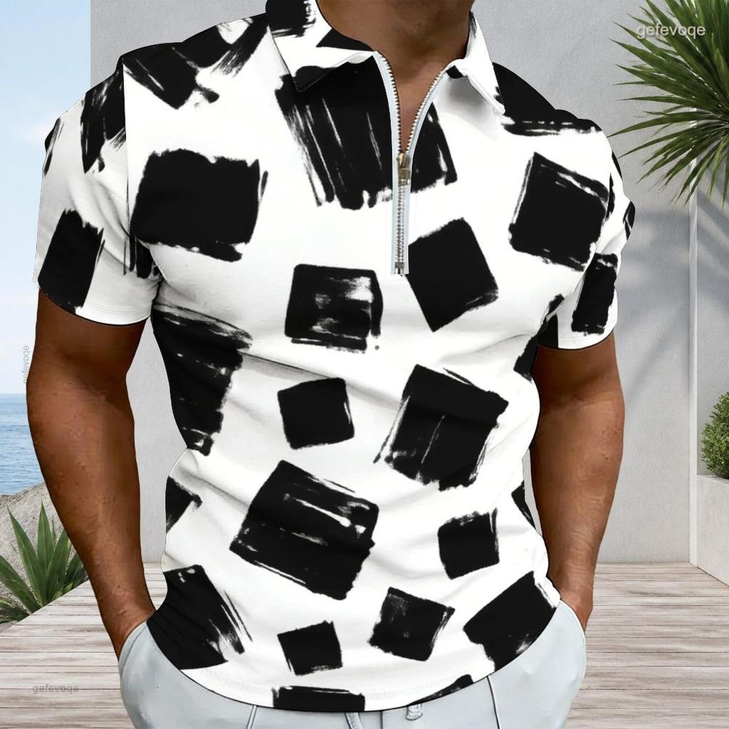 Mens Plus Size Short Sleeve Collared Quarter Zip Printed Polo Shirt White Navy Gold