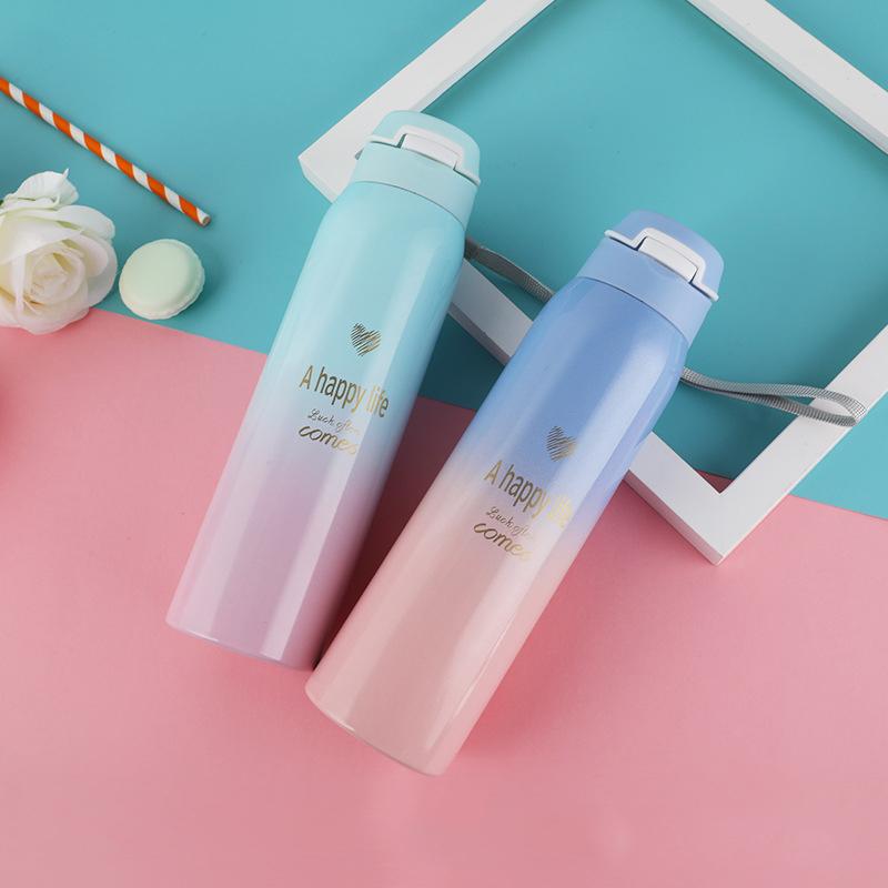 Stainless Steel 480ML Insulated Thermals Milk&Coffee Cup Thermos Straw Water Bottle Gradient Sports Vacuum Flas