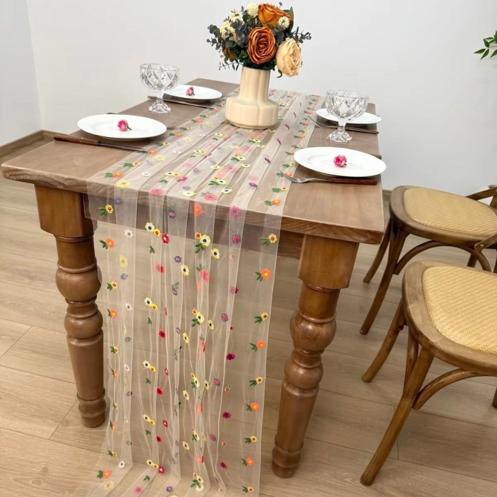 Semi-Transparent Tulle Table Runner Boho Floral Tablecloth  Holiday Decoration