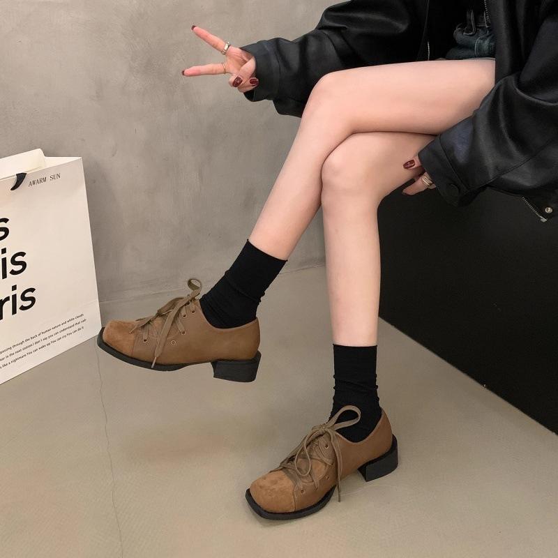 2025 autumn and winter new retro thick-soled square head lace-up loafers women's shoes fashion temperament versatile single shoes