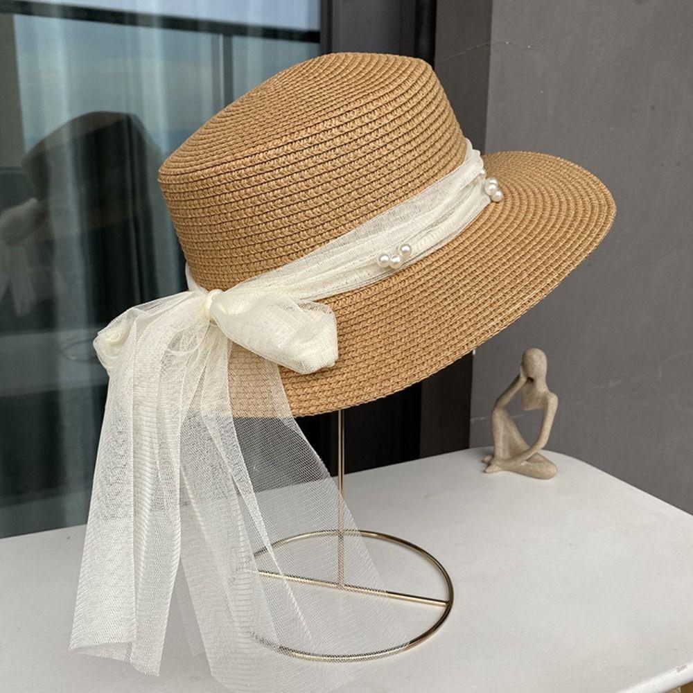 Pearl Summer Straw Hat Pastoral Style UV Protection Cap Ins Wide Brim Sun Hat  Female