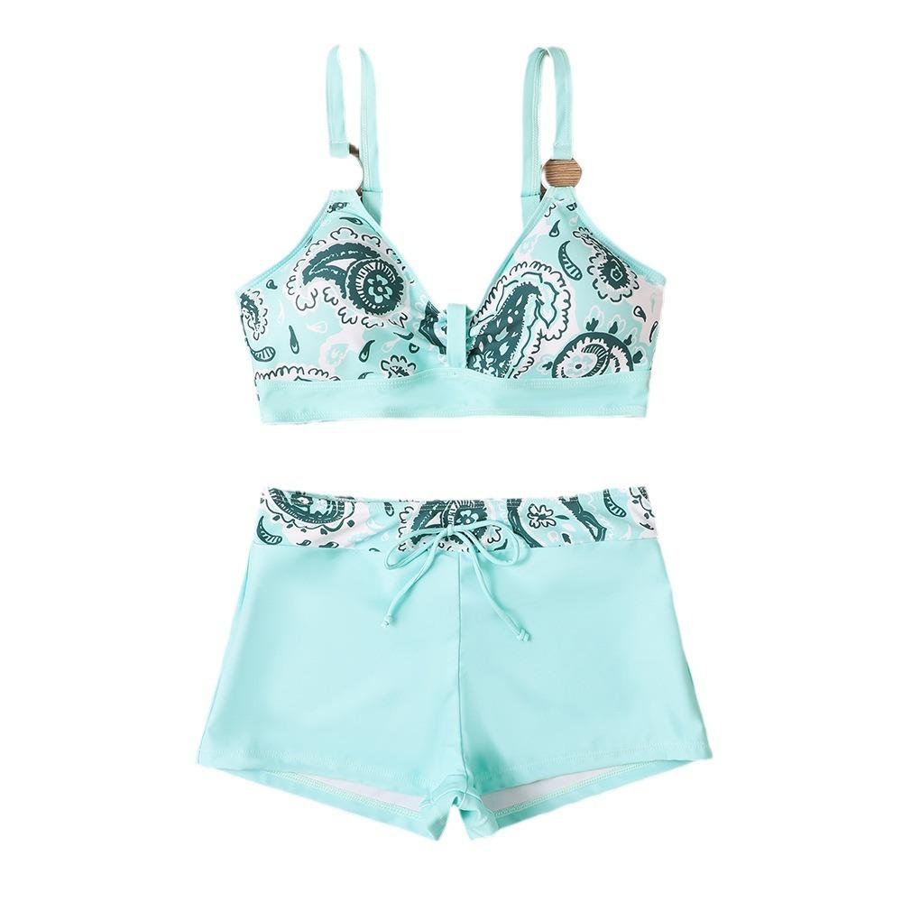 Tankinisett med blomstermønster for kvinner, Elegant 2-delt bikini-badedrakt med justerbare stropper og høy midje, Sommerstrandklær