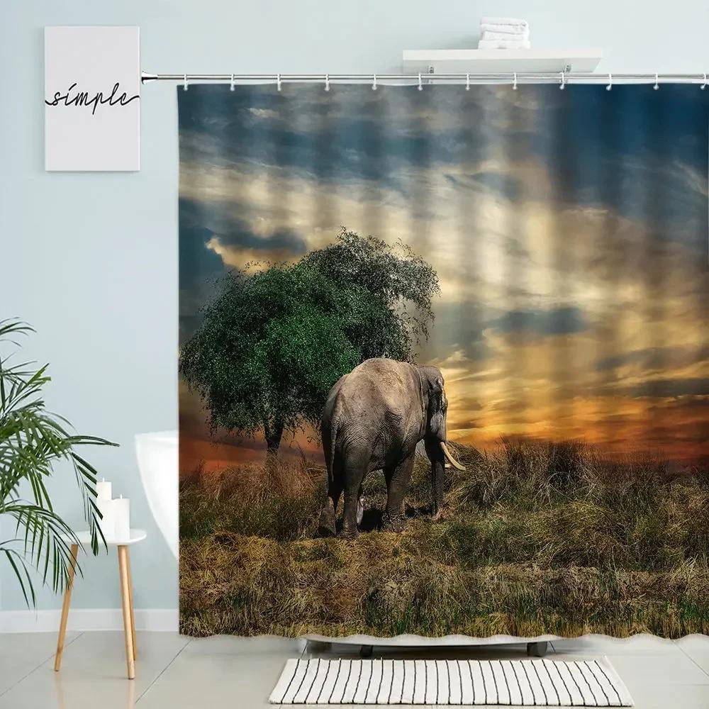 Elephant Shower Curtain Africa Wildlife Forest Natural Scenery Home Bathroom Wall Decor With Hook Waterproof Polyester Screen