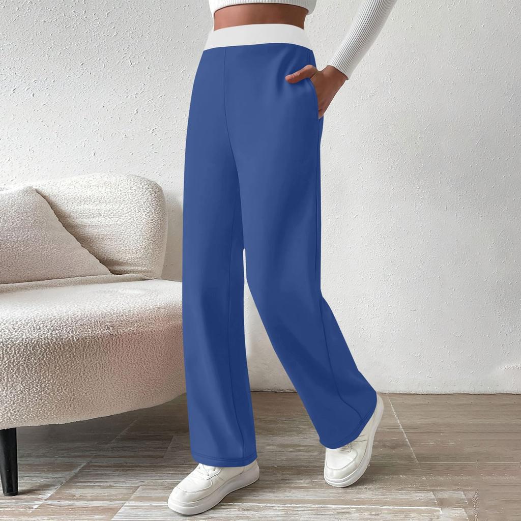 Women's Fashionable Loose Solid Color Elastic Waist Pocket Straight Leg Casual Pants