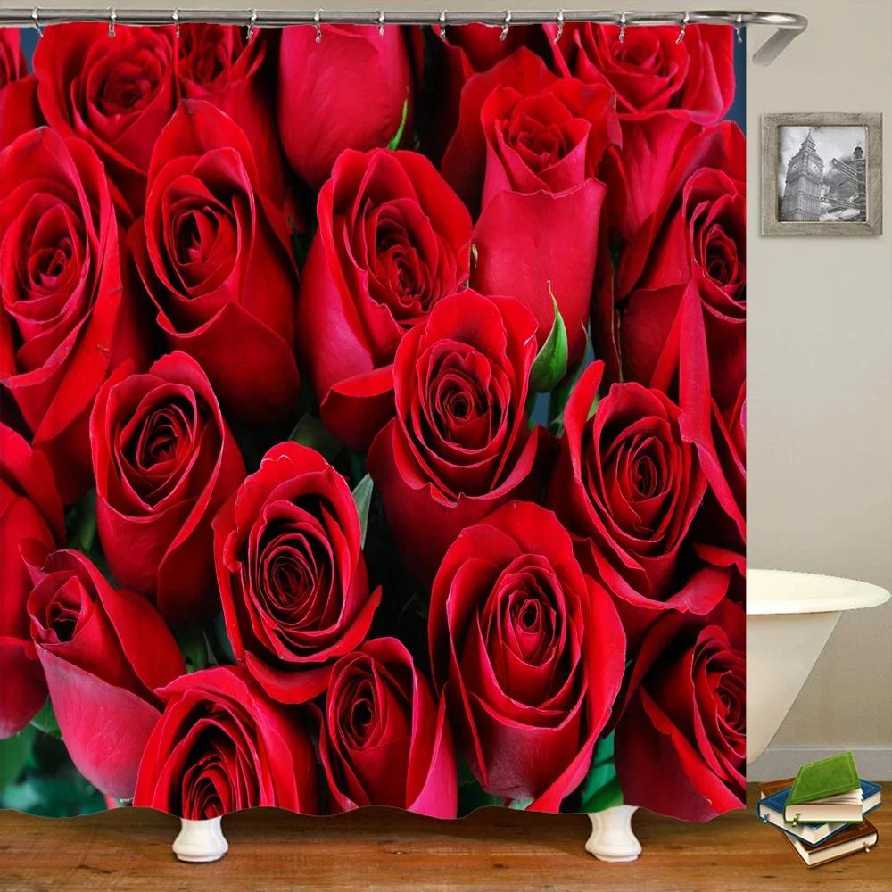 Romantic Rose Garden Print Water-resistant Shower Curtain with Lush Floral Design for Romantic and Serene Bathroom Decor