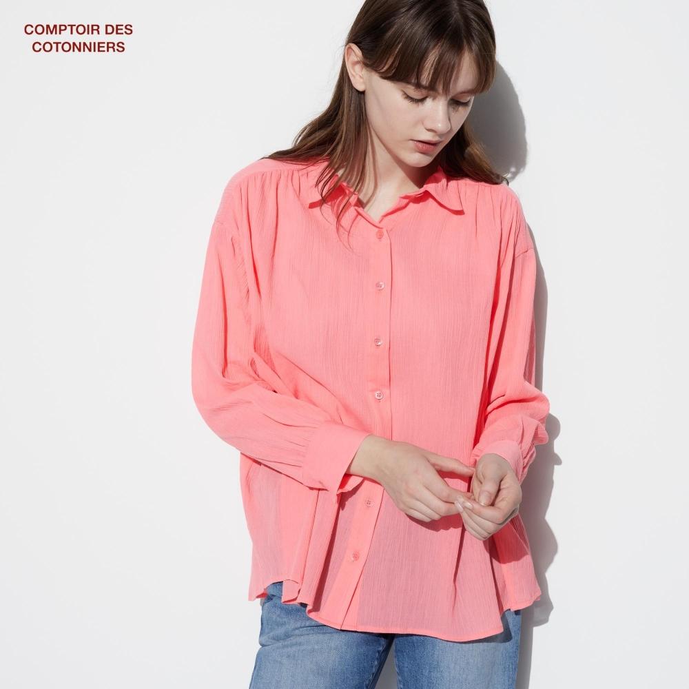 

UNIQLO JAPAN Прозрачная хлопковая рубашка с длинными рукавами и контурным декором Decotonnier