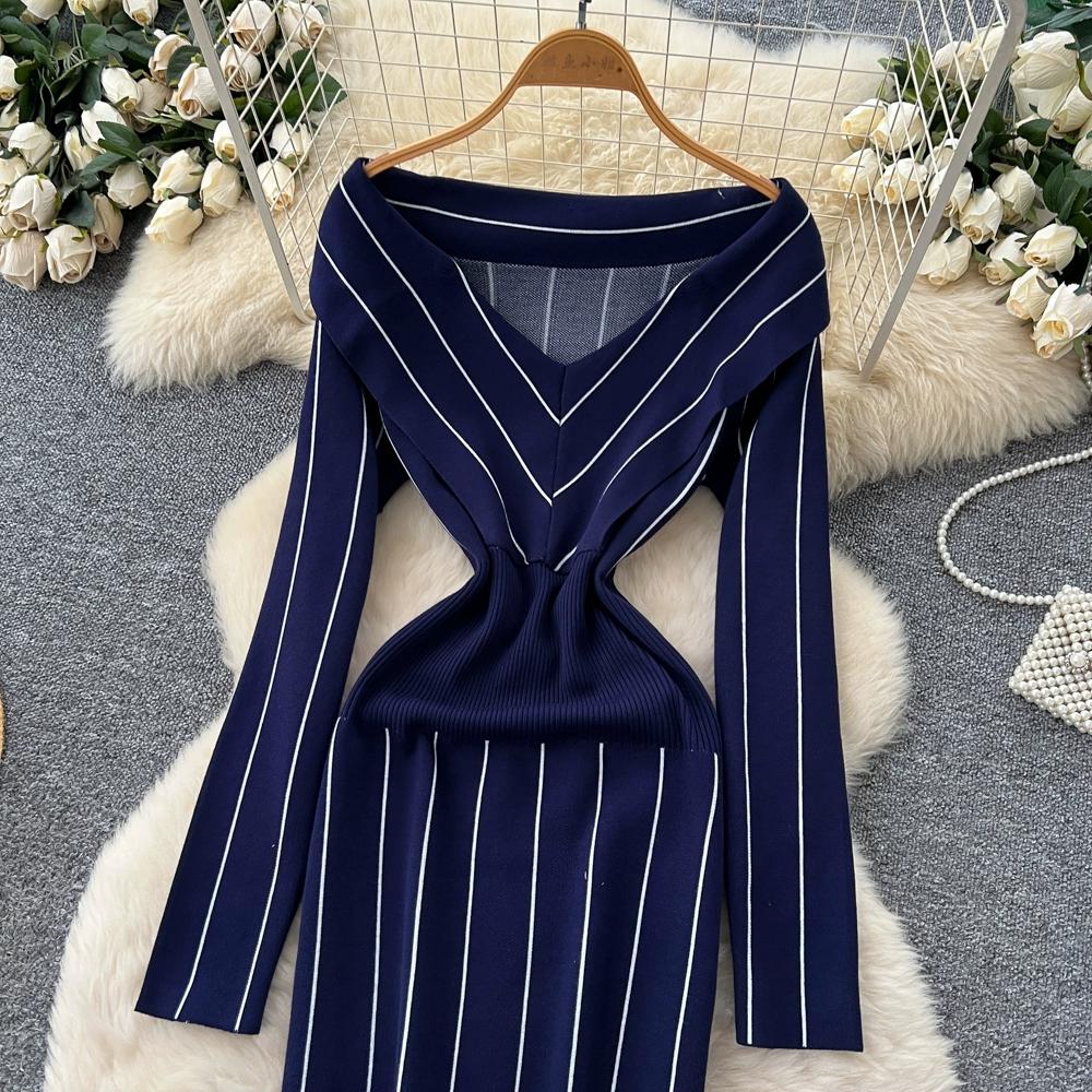 Autumn Winter Women Casual V-neck Full Sleeve Striped Knitted Sweater Slim Bodycon Sheath Dresses