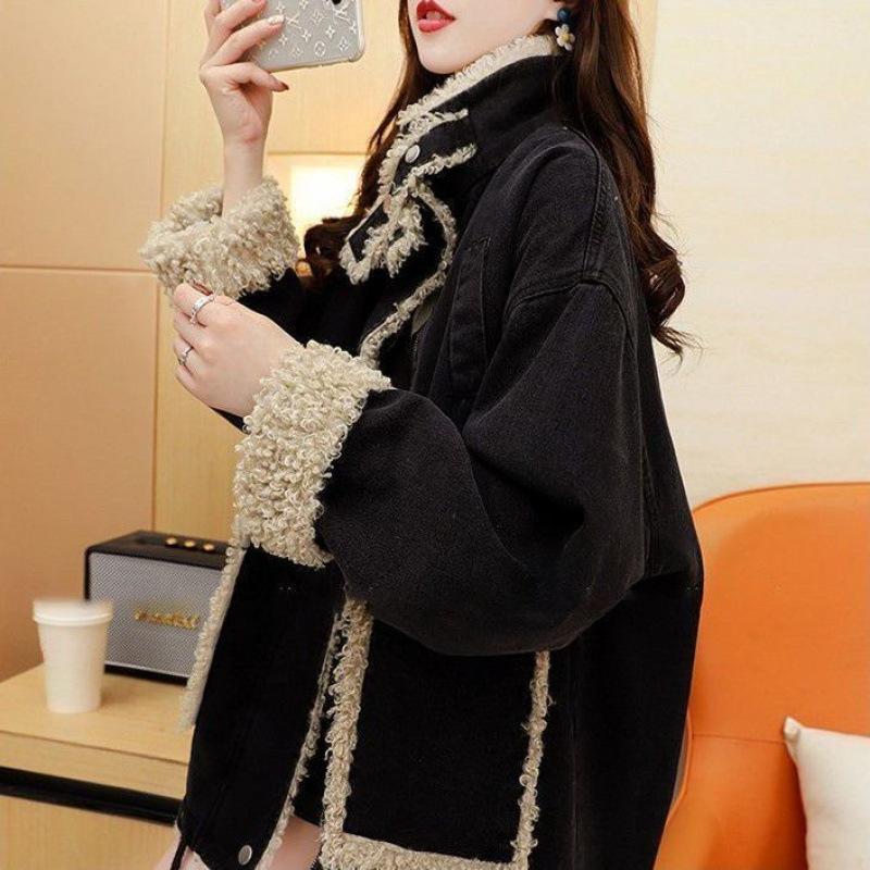 

Плюс бархатная толстая джинсовая куртка женская осенне-зимняя верхняя одежда универсальная повседневная одежда свободный ленивый стиль корейская хлопковая одежда S чёрный