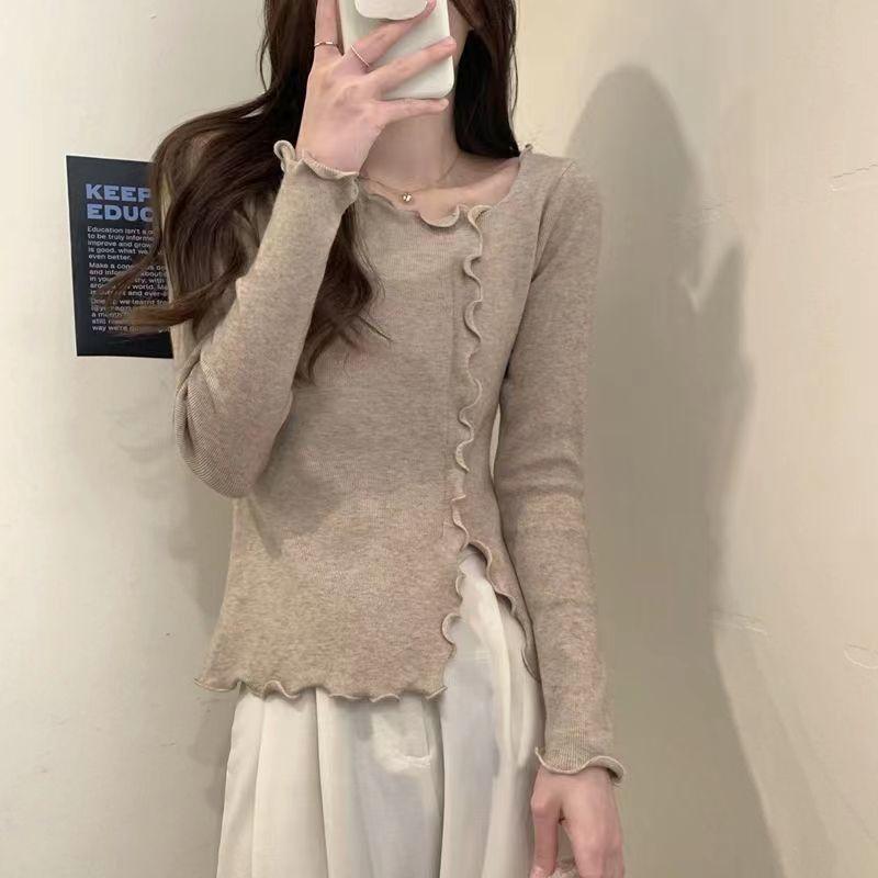 Asymmetric Long Sleeve Top Knit Base Layer for Women Autumn Thin Slim Fit Short Split Inner Wear Hot Girl Top