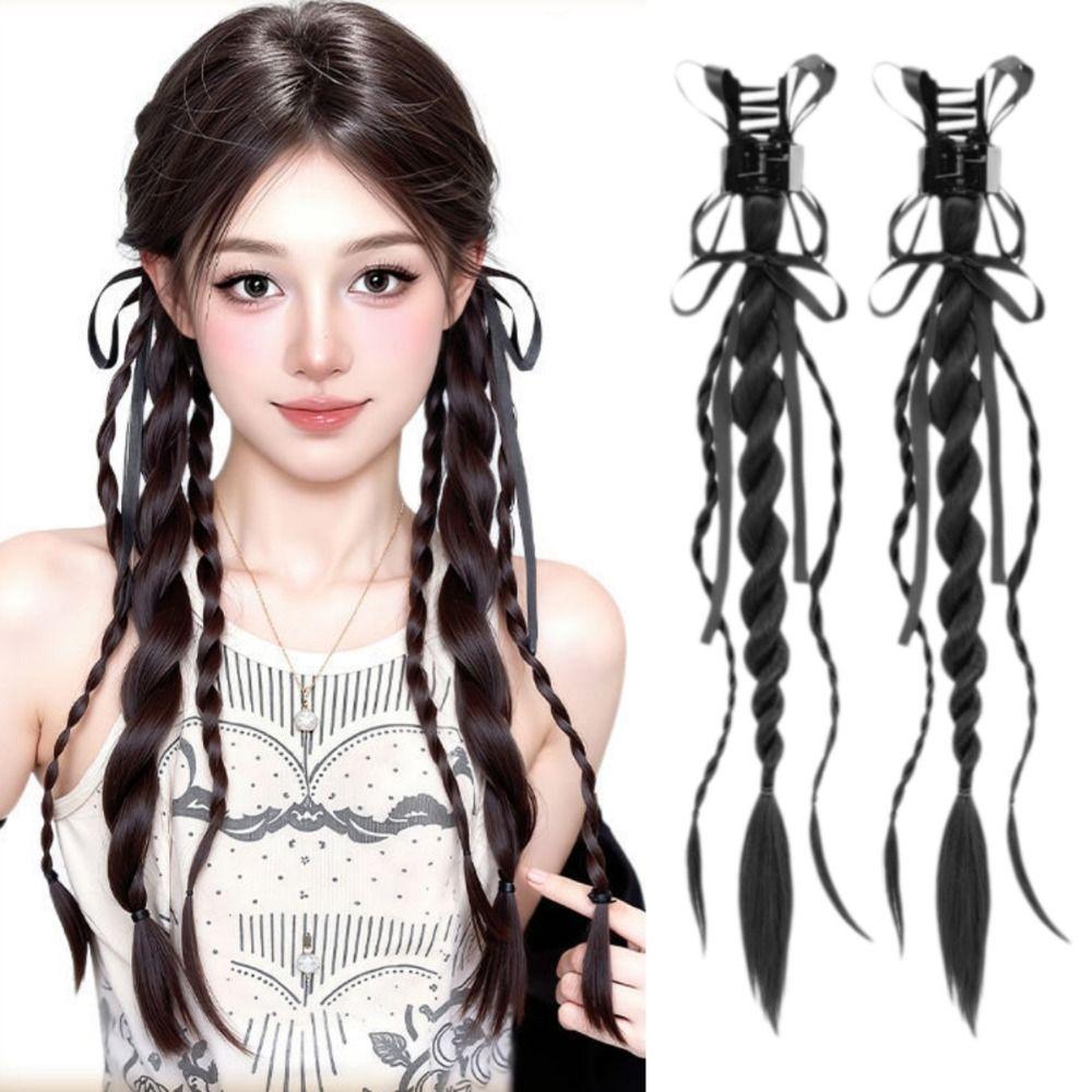 1 Paar Schleifen-Klauenklemmen Doppel-Pferdeschwanz Gedrehte Flechte Lange Flecht-Haarverlängerungen Party
