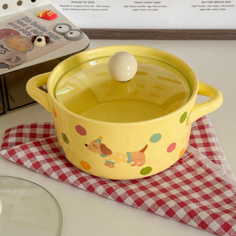 Cute Polka Dot Binaural Instant Noodle Bowl with Cover Student Dormitory Large Capacity Instant Noodle Bowl Personal Special Snail Powder Bowl