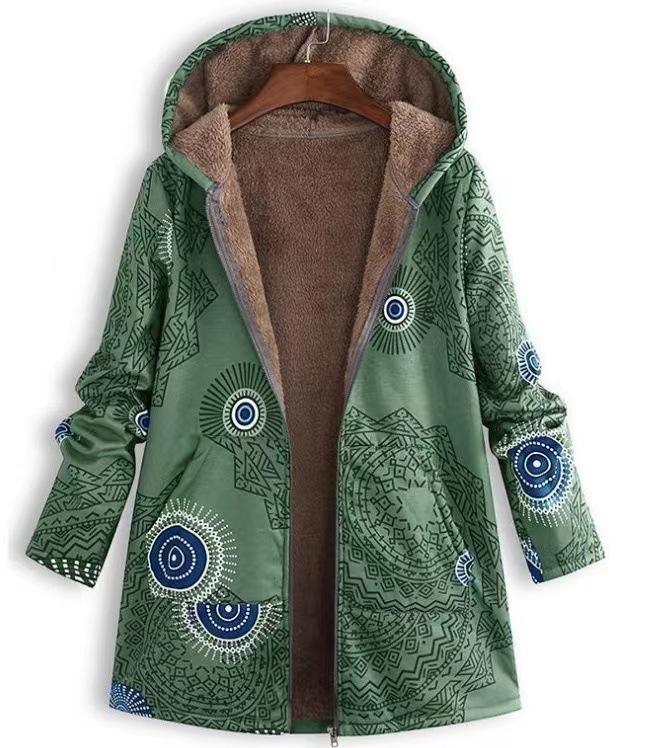 Women Winter Coat Retro Floral Print Hooded Thick Outerwear Plush Zip-up Heat Retention Mid Length Casual Jacket for Daily Wear