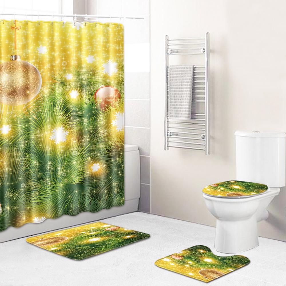 Christmas Shower Curtain Floor Mat Combination Four-Piece Set Bathroom Toilet Carpet Shower Room Mat Foot Mat
