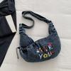 New Crossbody Bag Wrinkled Embroidery Letters Washed Denim Hobo Bag Lazy Style Comfortable and Versatile Texture Shoulder Bags