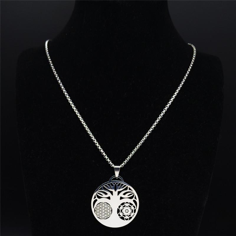 Yoga Flower of Life Buddhist Amulet Necklace Stainless Steel Spiritual Medal Tree  of Life Necklace Jewelry Fleur De Vie N3091