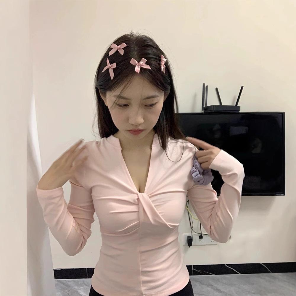 Cotton V-neck Long-sleeved T-shirt Women's Spring and Autumn New Design Sense Slim-fitting Spice Girl with Sweet Inner Bottoming Shirt Top