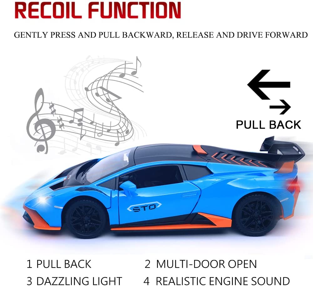 1:24 Scale Alloy Diecast Car Model for Lambo Huracan STO 2021, Pull Back Vehicles Model Cars Toy with Light & Sound for Kids Adult Collection