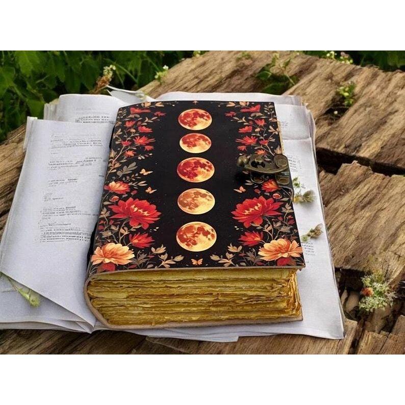 

Большой винтажный кожаный гримуар журнал с фазами луны толстый журнал пустая книга заклинаний 7 x 5 in