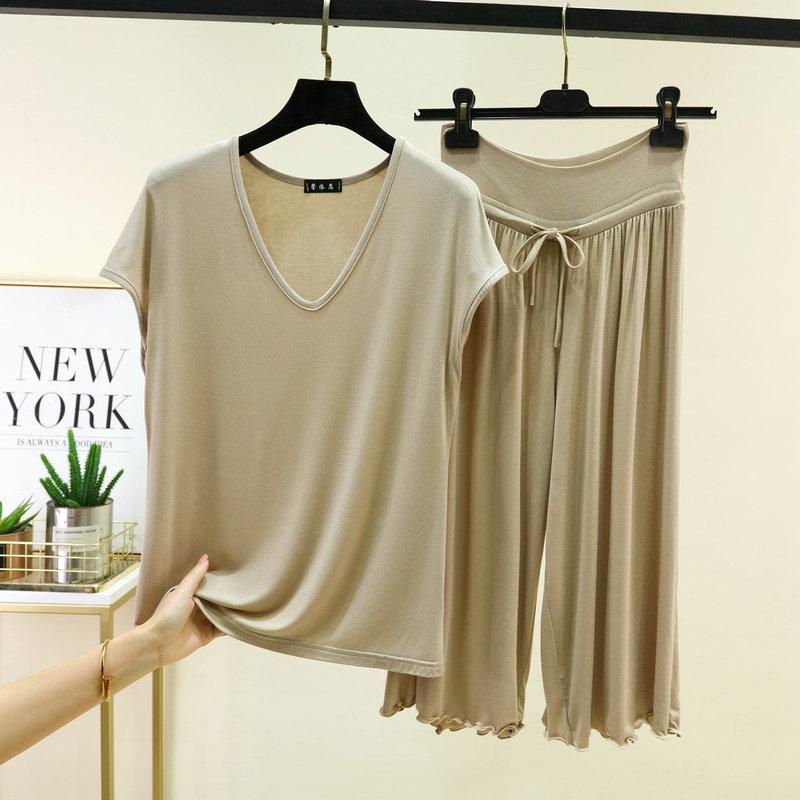 Plus Size M To 6XL Modal Casual Pajamas Sets V-Neck Sleeves Tshirts with Drawstring Ruffle Trim Cropped Pants High Waist Loose Fit Lounge Sets