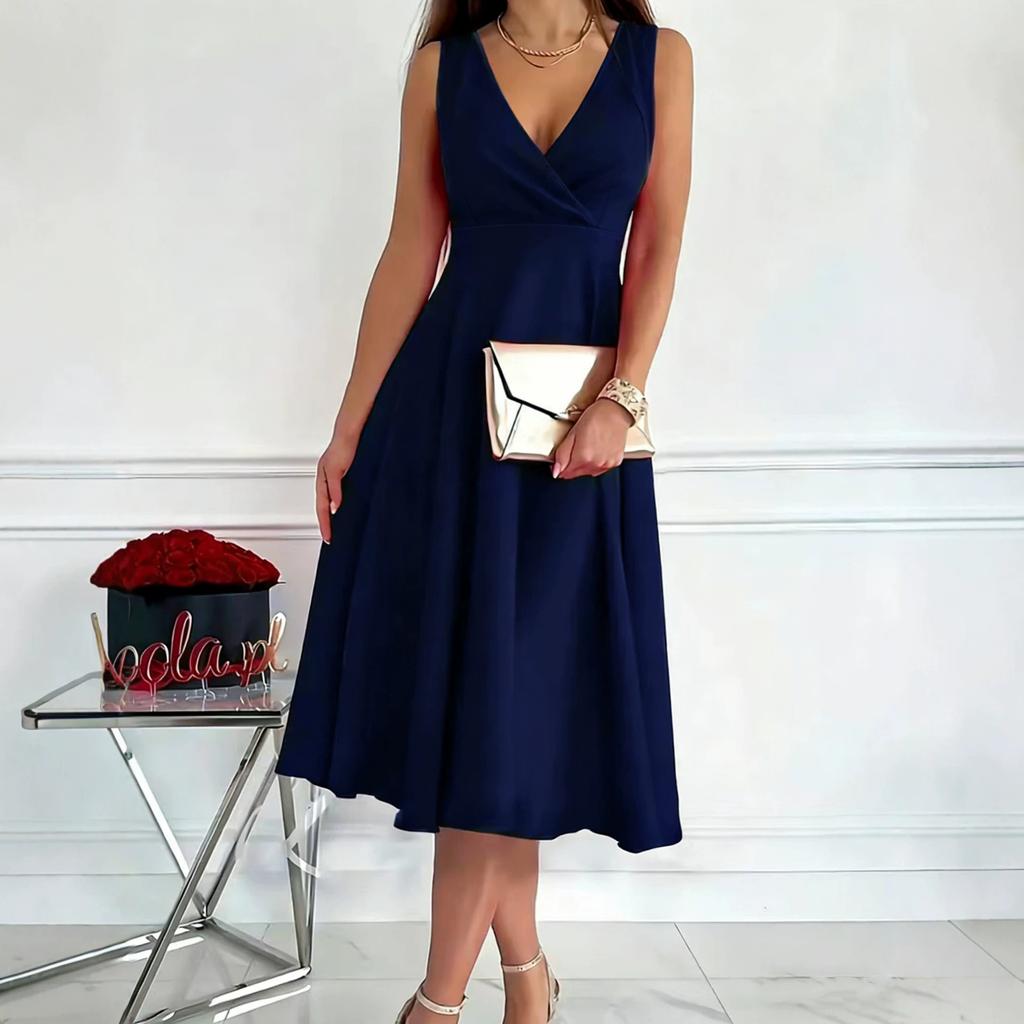 Women's Sleeveless V-Neck Wrap Front Cocktail Midi Dress