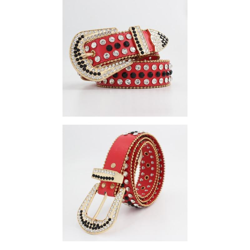 Meimeier Women's rhinestone embellished pin buckle three-piece set: denim belt, luxury red fashion wide waist belt