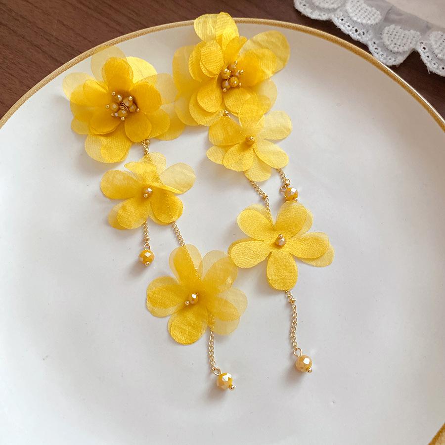 Steel needle glass bead fabric chiffon flower fringed earrings fresh and sweet temperament earrings niche high-end earrings women