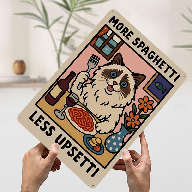 Cat Eating Spaghetti Funny Art Printed Poster Customized Wall Art Retro Vintage Metal Tin Signs for Coffee Bar Accessories Decor 7.9x11.8In(20x30cm)