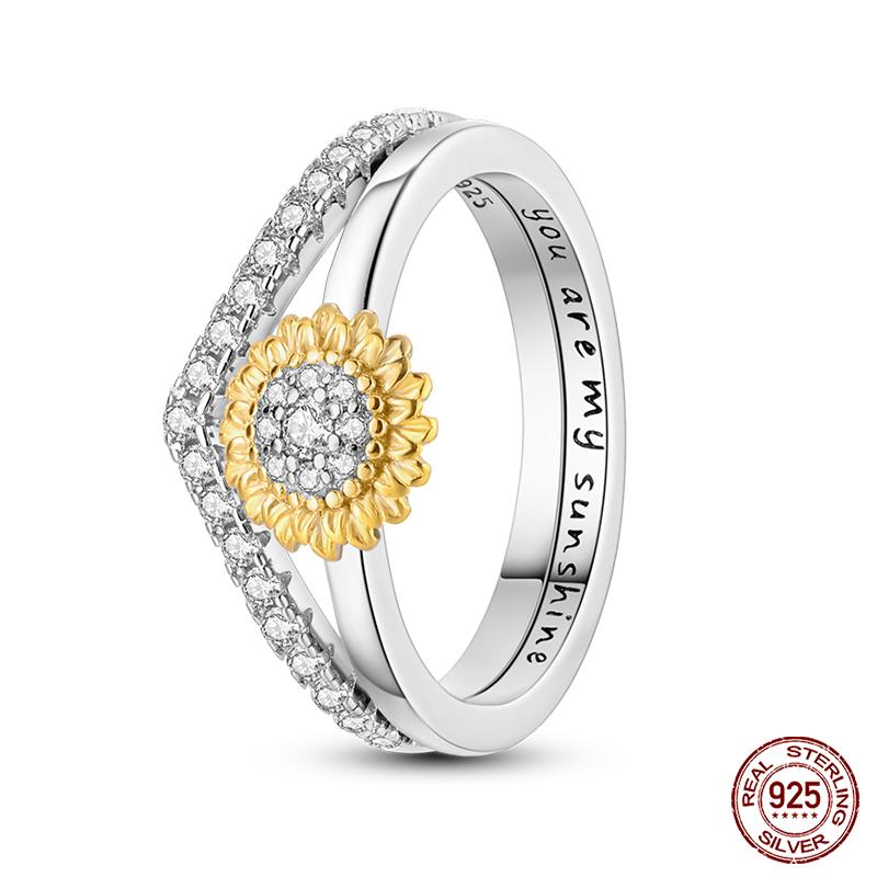 

Trendy Sunflower Ring Ideal For Women copper Double Layered Wishing Bone Blue Zircon Ring Exquisite Wedding Party Jewellery 9